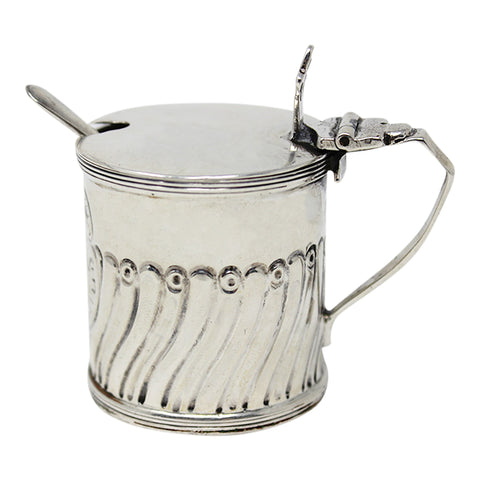 1896 Antique Victorian Era Sterling Silver Mustard Pot with Blue Glass Liner and Spoon Silversmith Thomas Hayes Birmingham Hallmarks