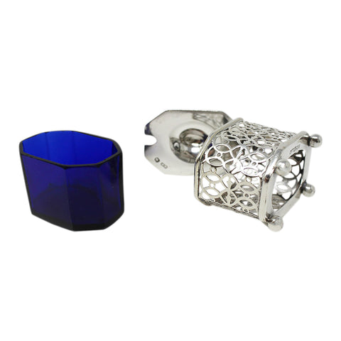 1896 Antique Victorian Era Sterling Silver Pierced Mustard Pot with Blue Glass Liner Silversmith William Mark Willis Sheffield Hallmarks