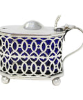 1896 Antique Victorian Era Sterling Silver Pierced Mustard Pot with Blue Glass Liner Silversmith William Mark Willis Sheffield Hallmarks