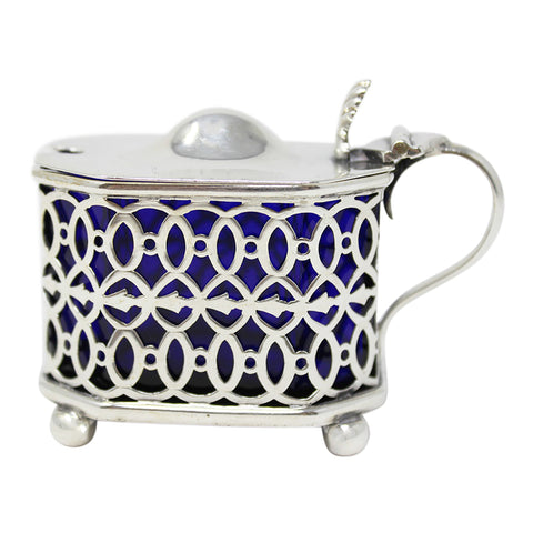 1896 Antique Victorian Era Sterling Silver Pierced Mustard Pot with Blue Glass Liner Silversmith William Mark Willis Sheffield Hallmarks