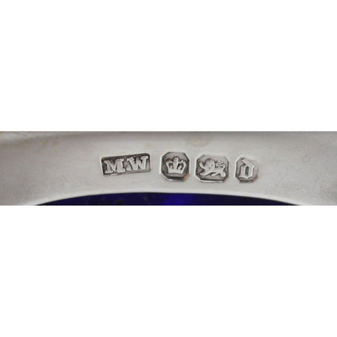 1896 Antique Victorian Era Sterling Silver Pierced Mustard Pot with Blue Glass Liner Silversmith William Mark Willis Sheffield Hallmarks