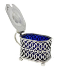 1896 Antique Victorian Era Sterling Silver Pierced Mustard Pot with Blue Glass Liner Silversmith William Mark Willis Sheffield Hallmarks