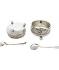 1896 Antique Victorian Era Sterling Silver Two Salt Pots and Two Spoons with Original Case Silversmith John Gilbert Birmingham Hallmarks