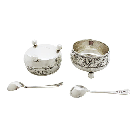1896 Antique Victorian Era Sterling Silver Two Salt Pots and Two Spoons with Original Case Silversmith John Gilbert Birmingham Hallmarks