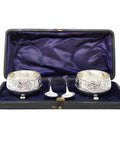 1896 Antique Victorian Era Sterling Silver Two Salt Pots and Two Spoons with Original Case Silversmith John Gilbert Birmingham Hallmarks