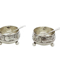 1896 Antique Victorian Era Sterling Silver Two Salt Pots and Two Spoons with Original Case Silversmith John Gilbert Birmingham Hallmarks