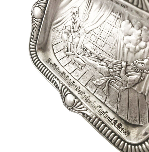 1897 Antique Victorian Era Sterling Silver Card Tray Edward Durban Birmingham Hallmarks Embossed scene of Sir Walter Raleigh smoking a large pipe 1589