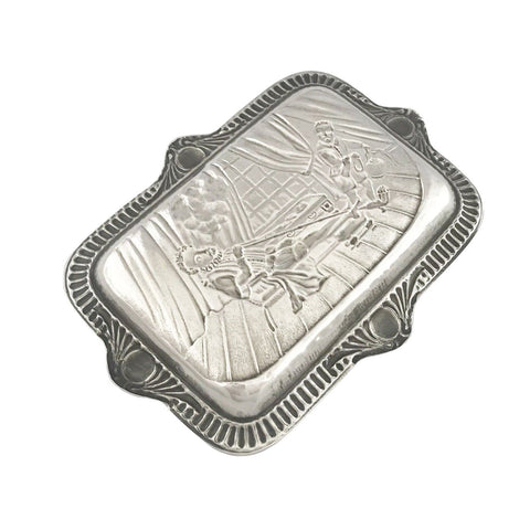 1897 Antique Victorian Era Sterling Silver Card Tray Edward Durban Birmingham Hallmarks Embossed scene of Sir Walter Raleigh smoking a large pipe 1589
