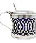 1897 Antique Victorian Era Sterling Silver Pierced Mustard Pot with Blue Glass Liner Silversmiths Deakin & Francis Ltd Birmingham Hallmarks