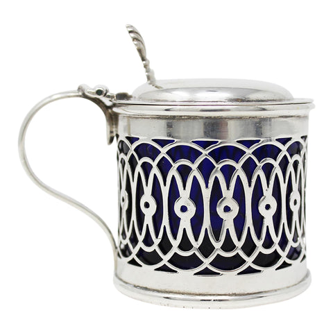 1897 Antique Victorian Era Sterling Silver Pierced Mustard Pot with Blue Glass Liner Silversmiths Deakin & Francis Ltd Birmingham Hallmarks