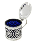 1897 Antique Victorian Era Sterling Silver Pierced Mustard Pot with Blue Glass Liner Silversmiths Deakin & Francis Ltd Birmingham Hallmarks