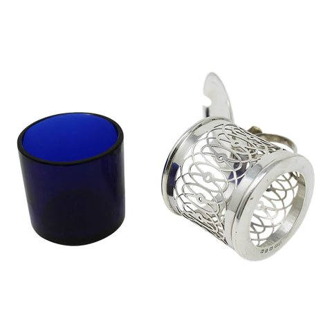 1897 Antique Victorian Era Sterling Silver Pierced Mustard Pot with Blue Glass Liner Silversmiths Deakin & Francis Ltd Birmingham Hallmarks