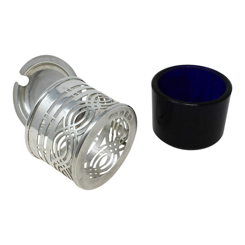 1897 Antique Victorian Era Sterling Silver Pierced Mustard Pot with Blue Glass Liner Silversmiths Deakin & Francis Ltd Birmingham Hallmarks