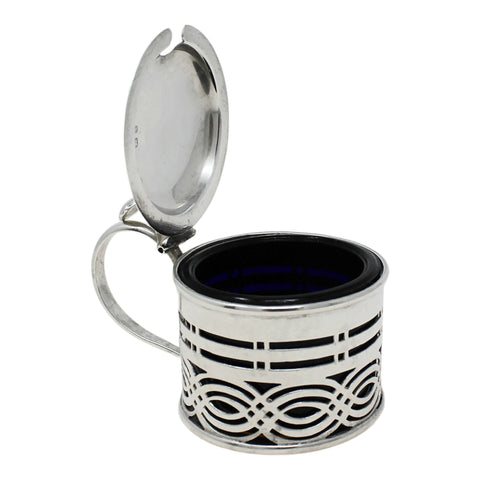 1897 Antique Victorian Era Sterling Silver Pierced Mustard Pot with Blue Glass Liner Silversmiths Deakin & Francis Ltd Birmingham Hallmarks