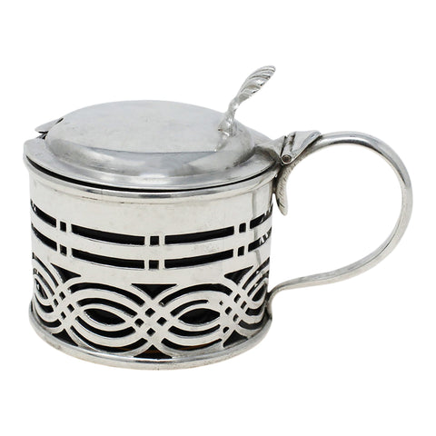 1897 Antique Victorian Era Sterling Silver Pierced Mustard Pot with Blue Glass Liner Silversmiths Deakin & Francis Ltd Birmingham Hallmarks