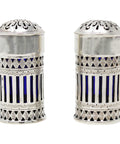 1898 Antique Victorian Era Sterling Silver Pair Pepper Shakers with Blue Glass Liners Silversmith Atkin Brothers Sheffield Hallmarks