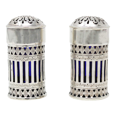 1898 Antique Victorian Era Sterling Silver Pair Pepper Shakers with Blue Glass Liners Silversmith Atkin Brothers Sheffield Hallmarks