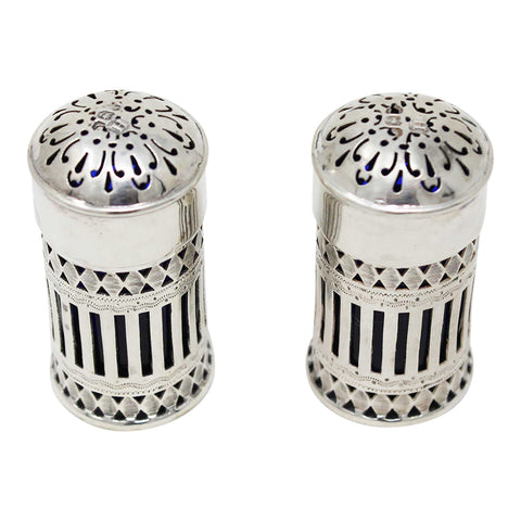 1898 Antique Victorian Era Sterling Silver Pair Pepper Shakers with Blue Glass Liners Silversmith Atkin Brothers Sheffield Hallmarks