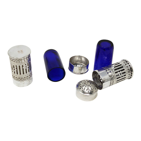 1898 Antique Victorian Era Sterling Silver Pair Pepper Shakers with Blue Glass Liners Silversmith Atkin Brothers Sheffield Hallmarks