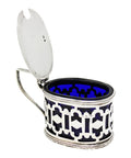 1898 Antique Victorian Era Sterling Silver Pierced Mustard Pot with Blue Glass Liner Silversmiths John Millward Banks Birmingham Hallmarks