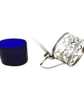 1898 Antique Victorian Era Sterling Silver Pierced Mustard Pot with Blue Glass Liner Silversmiths John Millward Banks Birmingham Hallmarks