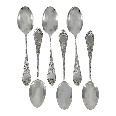 1898 Antique Victorian Era Sterling Silver Set Six Tea Spoons Silversmith Wakely & Wheeler (James Wakely & Frank Clarke Wheeler) London Hallmarks