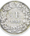 1898 B 1/2 Franc Switzerland Coin 