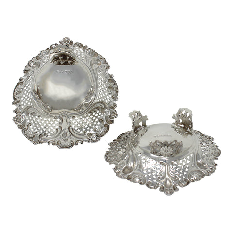 1899 Antique Victorian Era Pair Sterling Silver Pierced Dishes Silversmiths Elkington & Co Ltd Sheffield Hallmarks
