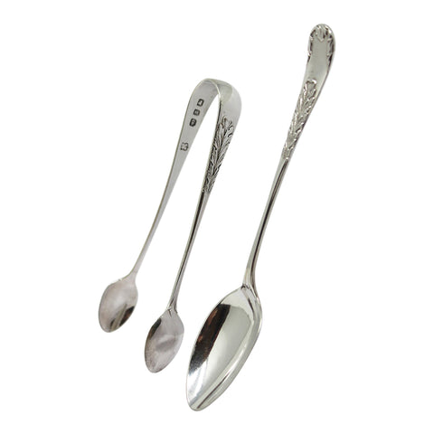 1899 Antique Victorian Era Set Six Sterling Silver Tea Spoons and Sugar Tongs Silversmith J Sherwood & Sons Birmingham Hallmarks