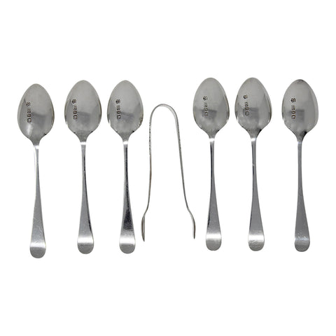 1899 Antique Victorian Era Set Six Sterling Silver Tea Spoons and Sugar Tongs Silversmith J Sherwood & Sons Birmingham Hallmarks