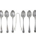 1899 Antique Victorian Era Set Six Sterling Silver Tea Spoons and Sugar Tongs Silversmith J Sherwood & Sons Birmingham Hallmarks
