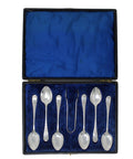 1899 Antique Victorian Era Set Six Sterling Silver Tea Spoons and Sugar Tongs Silversmith J Sherwood & Sons Birmingham Hallmarks