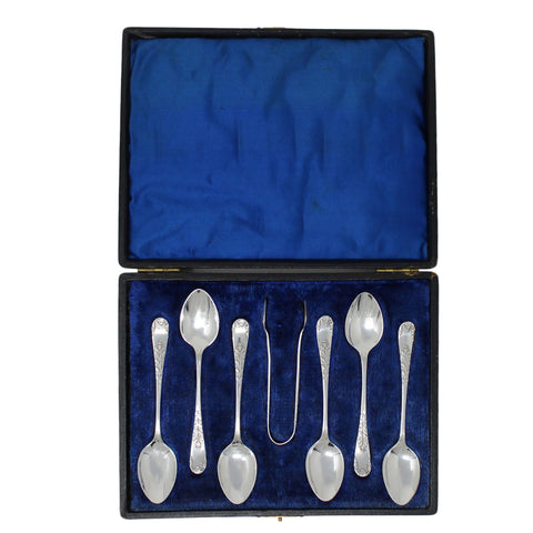 1899 Antique Victorian Era Set Six Sterling Silver Tea Spoons and Sugar Tongs Silversmith J Sherwood & Sons Birmingham Hallmarks