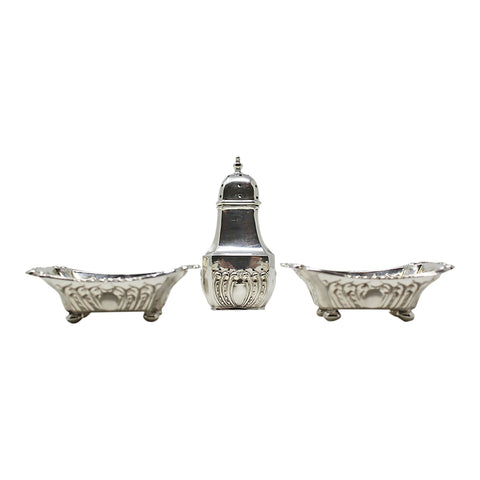 1899 Antique Victorian Era Sterling Silver Pepper Shaker and Two Salt Pots Silversmiths Henry Matthews and Johnson, Durban & Co Ltd Birmingham Hallmarks