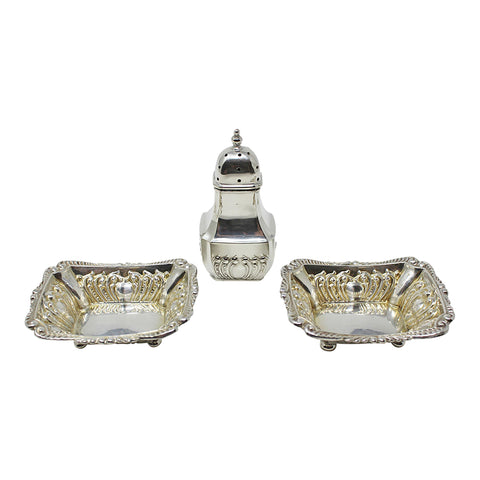 1899 Antique Victorian Era Sterling Silver Pepper Shaker and Two Salt Pots Silversmiths Henry Matthews and Johnson, Durban & Co Ltd Birmingham Hallmarks