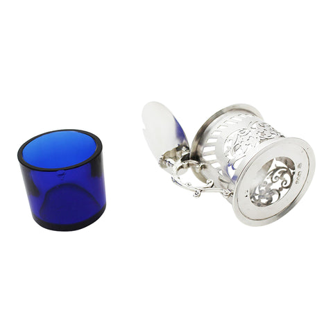 1899 Antique Victorian Era Sterling Silver Pierced Mustard Pot with Blue Glass Liner Silversmiths William Hutton & Sons Ltd London Hallmarks