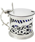 1899 Antique Victorian Era Sterling Silver Pierced Mustard Pot with Blue Glass Liner Silversmiths William Hutton & Sons Ltd London Hallmarks