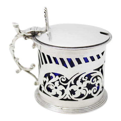 1899 Antique Victorian Era Sterling Silver Pierced Mustard Pot with Blue Glass Liner Silversmiths William Hutton & Sons Ltd London Hallmarks