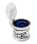 1899 Antique Victorian Era Sterling Silver Pierced Mustard Pot with Blue Glass Liner Silversmiths William Hutton & Sons Ltd London Hallmarks