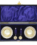 1899 Antique Victorian Era Sterling Silver Two Salt Pots and Two Spoons with Original Case Silversmith William Devenport Birmingham Hallmarks