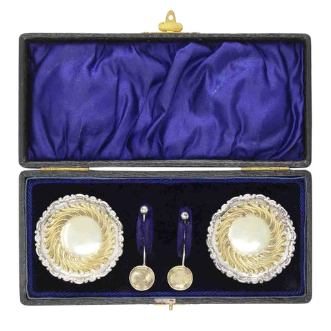 1899 Antique Victorian Era Sterling Silver Two Salt Pots and Two Spoons with Original Case Silversmith William Devenport Birmingham Hallmarks