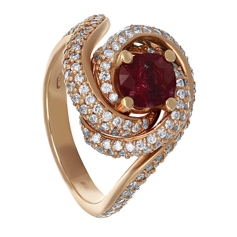 18K Rose Gold Ring with 1 Burma Ruby of 1.21 Ct and 204 Diamonds of 1.45 Ct total