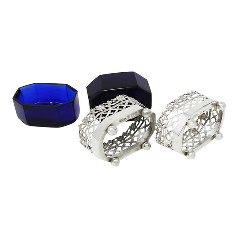 1900 - 1901 Antique Victorian Era Pair Sterling Silver Salt Cellars with pierced sides Silversmith William Vale & Sons Birmingham Hallmarks