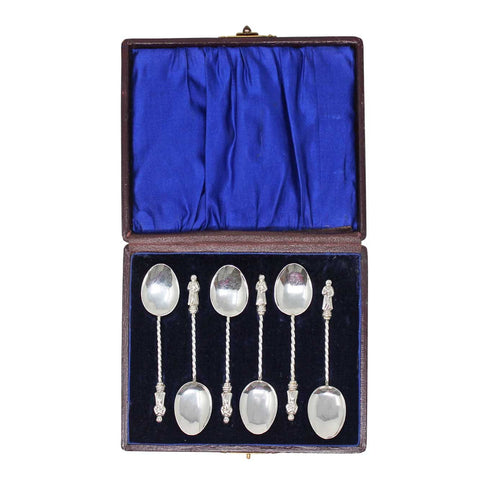 1900 Antique Victorian Era Apostle Set Six Tea Spoons with original Case Maker Miller Bros Birmingham Hallmarks