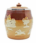 1900 Antique Victorian Era Pottery Doulton Lambeth harvest ware Barrel Shaped Tobacco Jar Smoking Scene Ceramic Sterling Silver Topped Rim London Hallmarks