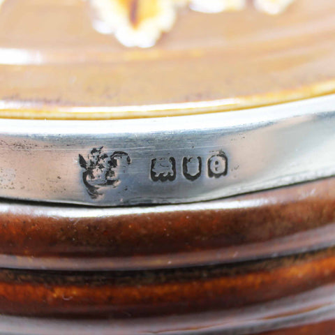 1900 Antique Victorian Era Pottery Doulton Lambeth harvest ware Barrel Shaped Tobacco Jar Smoking Scene Ceramic Sterling Silver Topped Rim London Hallmarks
