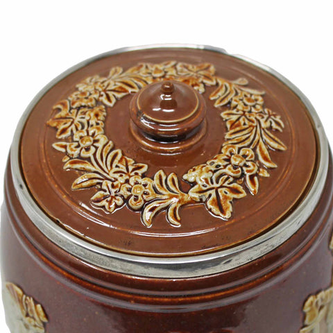 1900 Antique Victorian Era Pottery Doulton Lambeth harvest ware Barrel Shaped Tobacco Jar Smoking Scene Ceramic Sterling Silver Topped Rim London Hallmarks