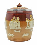 1900 Antique Victorian Era Pottery Doulton Lambeth harvest ware Barrel Shaped Tobacco Jar Smoking Scene Ceramic Sterling Silver Topped Rim London Hallmarks