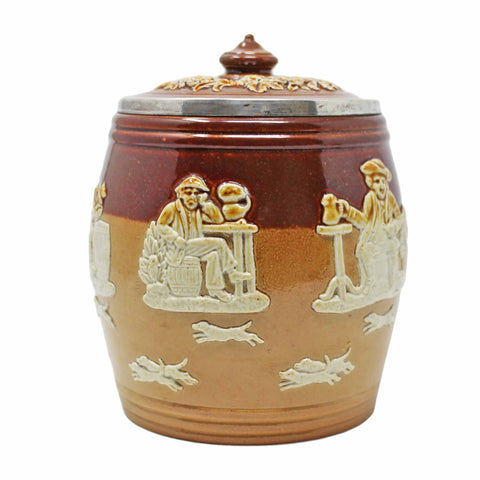 1900 Antique Victorian Era Pottery Doulton Lambeth harvest ware Barrel Shaped Tobacco Jar Smoking Scene Ceramic Sterling Silver Topped Rim London Hallmarks