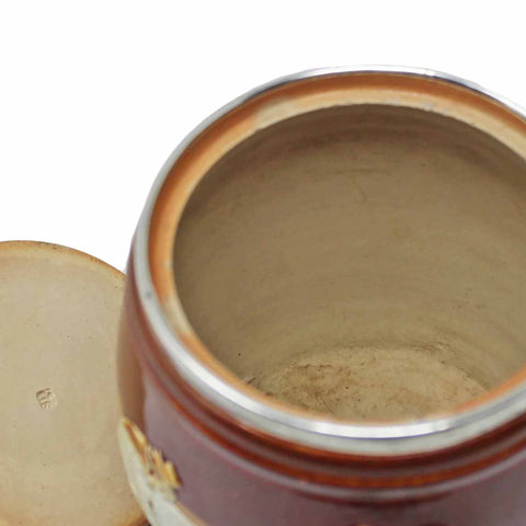 1900 Antique Victorian Era Pottery Doulton Lambeth harvest ware Barrel Shaped Tobacco Jar Smoking Scene Ceramic Sterling Silver Topped Rim London Hallmarks